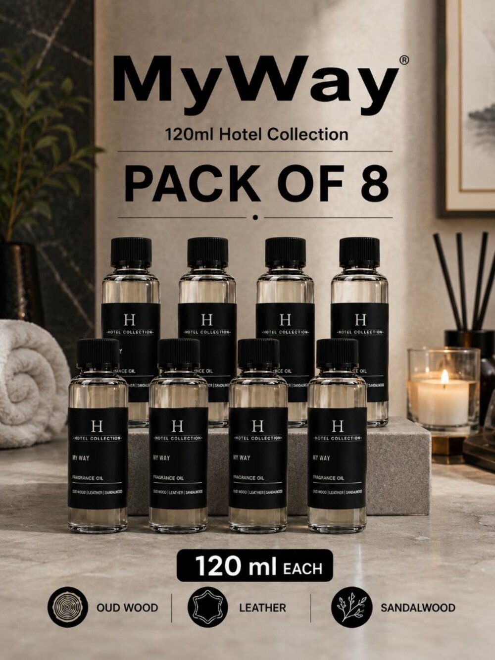 MyWay Diffuser Oil, Luxury Fragrance, Hotel Collection, 120mL, Pack of 8